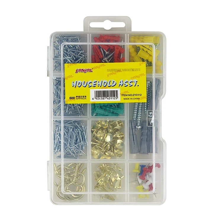 BSCI Approved Factory Price Hot Sale Daily Use Fastener 600PCS Thumb Tack,Sheet Metal Screw And Anchor Assortment