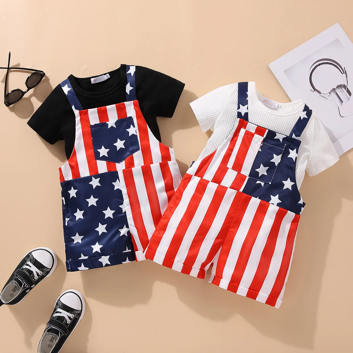 1Pcs Private Label RTS Baby Infant Boys Girls Clothing Ribbed Cotton Independence Day T-Shirt Overalls Toddler Outfit