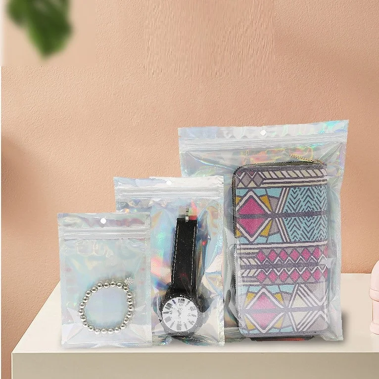 One Side Clear Small Mini Rainbow Iridescent Mylar Packaging Ziplock Pouch Bags custom logo pvc plastic shopping bag holographic