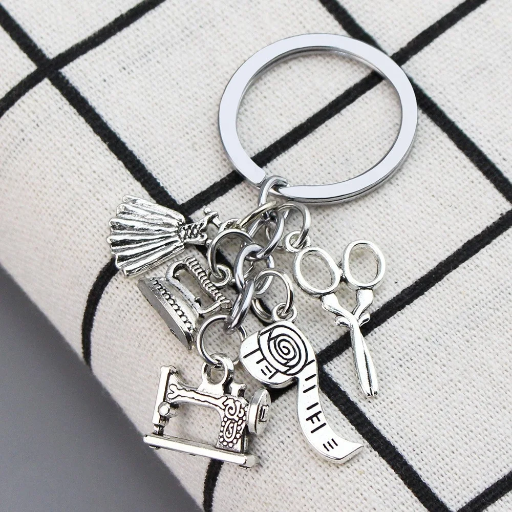 Hotsale DIY Jewelry Handmade sewing machine key chain Scissors Ruler Tailor Keyring Fashion Designer Small Tool metal Key chains