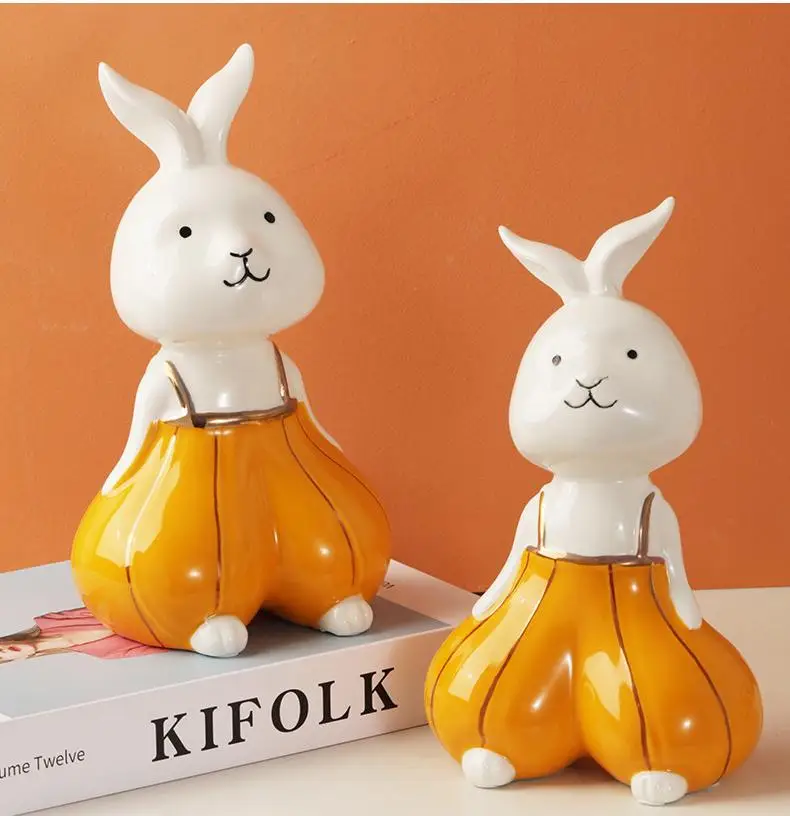 Thanksgiving Pumpkin Rabbit Statue Ornament Home Simple Pumpkin Rabbit Set Ceramic Craft Rabbit Figurines Decoration Sculpture
