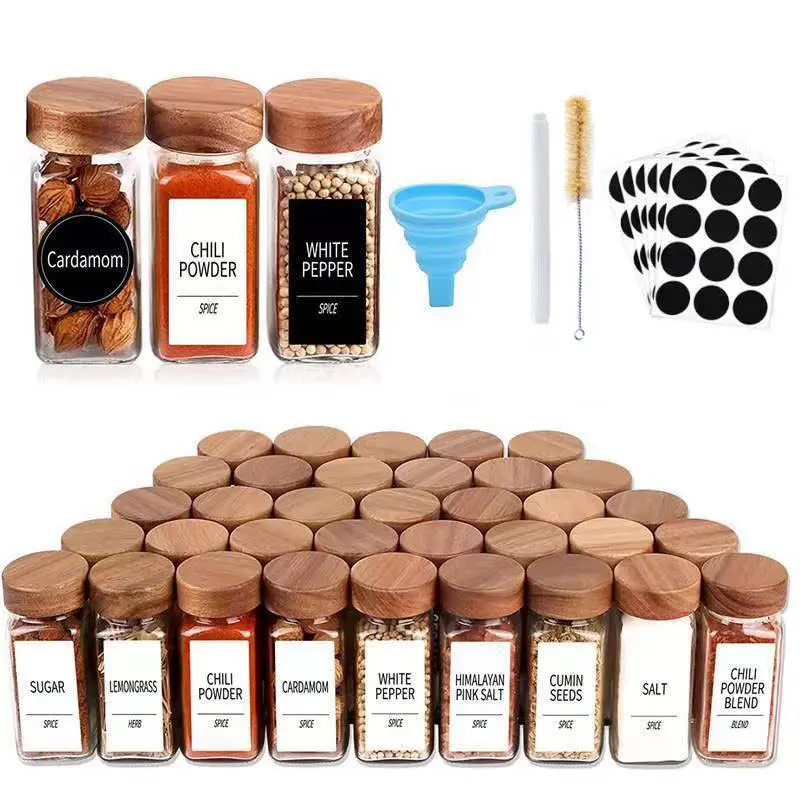 Spice Jars With Labels 4 Oz Glass Seasoning Bottle With Bamboo Lids Storage Bottles For Spice