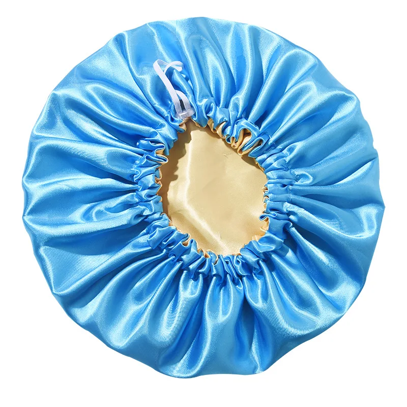 Waterproof Solid Color Double-layer Bath Cap Reusable Adjustable Large Size EVA Satin Shower Cap For Women and Men Bathing