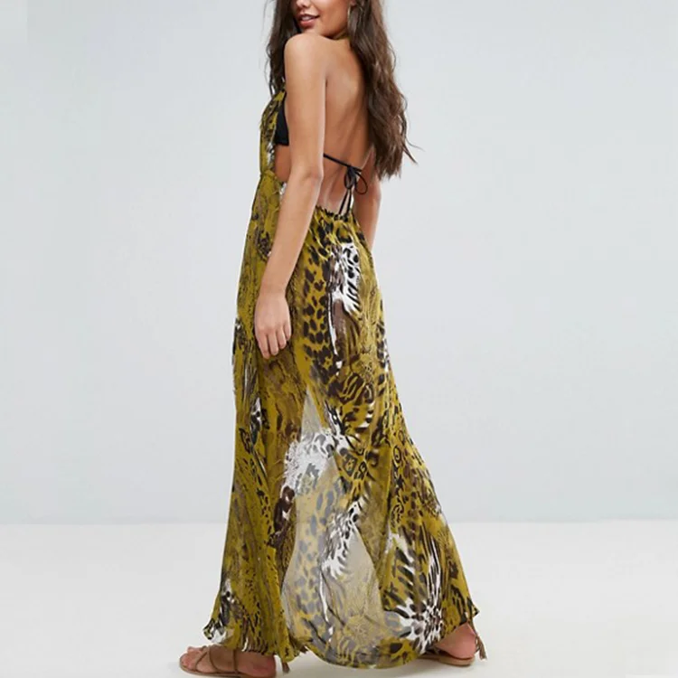 DONGGUAN Yihao New Listing Women Maxi Dress Beach Dress Open Back Sleeveless Summer Casual Dresses Printed Chiffon Pleated