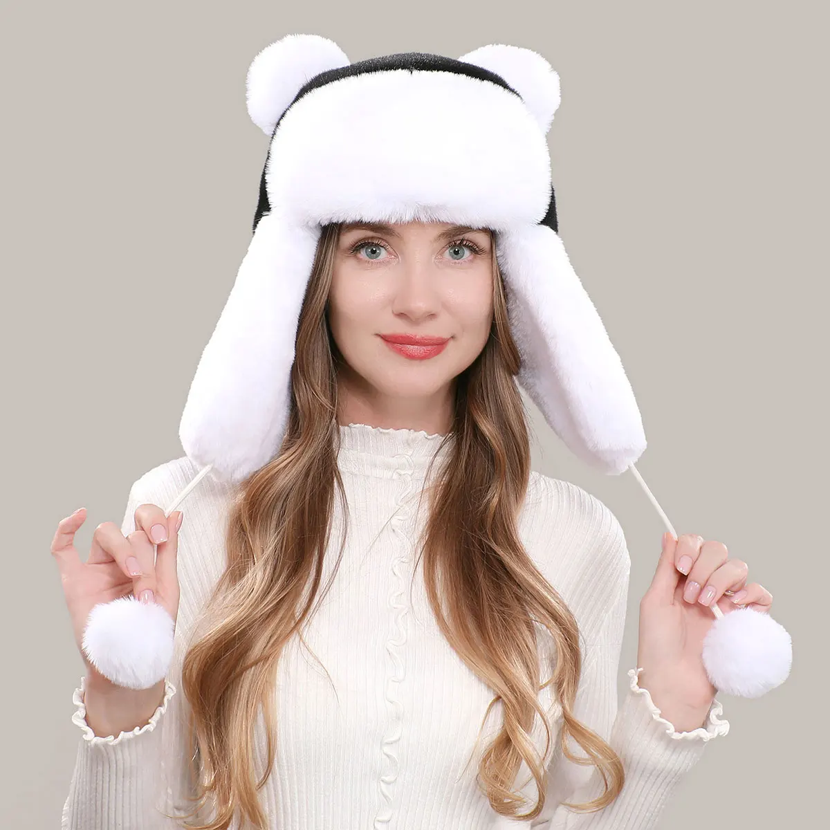 New Style Faux Fur Earmuffs Lei Feng Hat Ladies Winter Ski Windproof And Warm Artificial Rabbit Fur Cartoon Cat Ears Pilot Hat