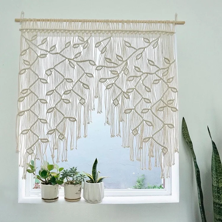 Boho Handmade Cotton Leaves Valance Hanging Macrame Doorway Kitchen Short Curtain for Window