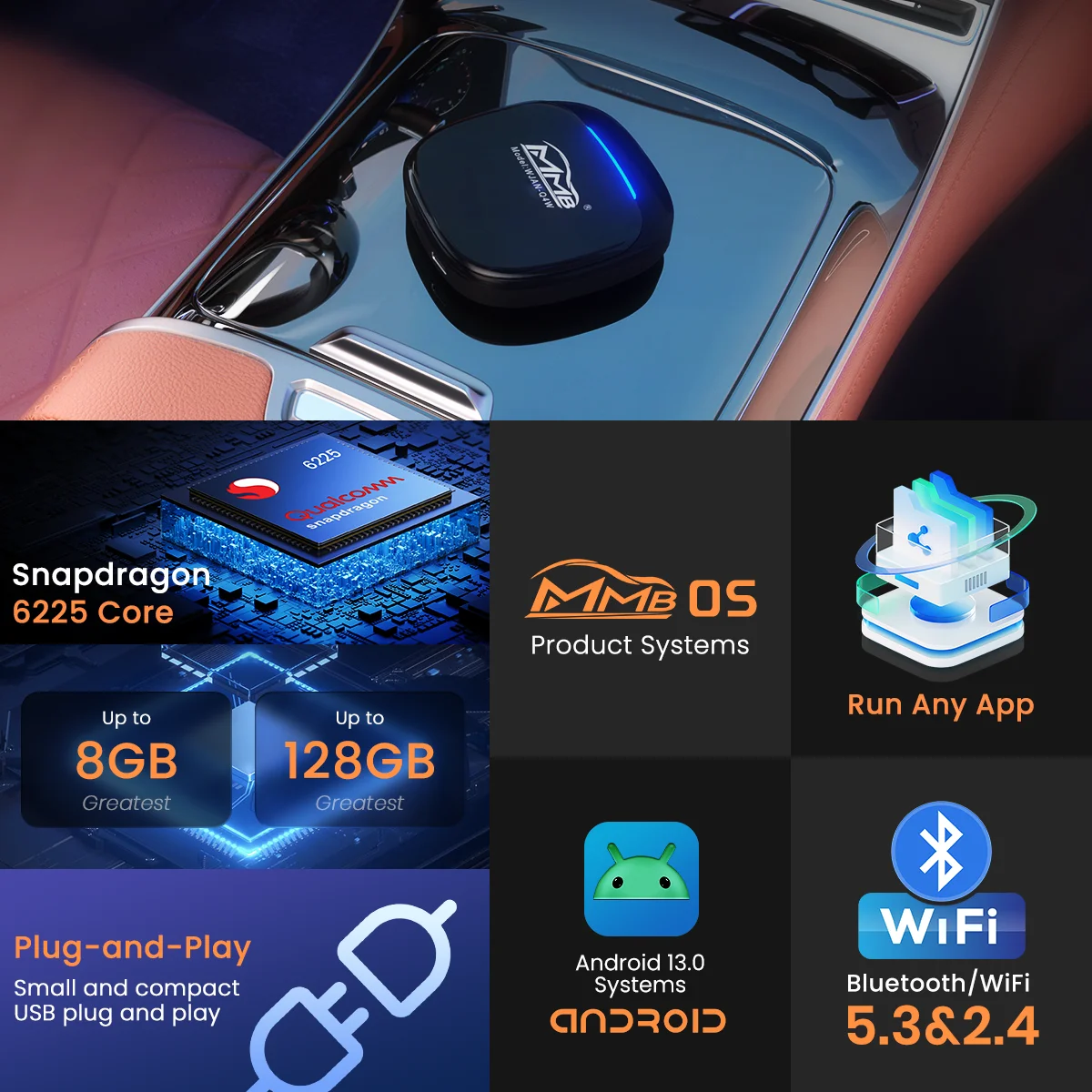 MMB Android 13  Wireless CarPlay Adapter 8+128GB Android Auto Netflix YouTube Google App Store Carplay Android Ai Box
