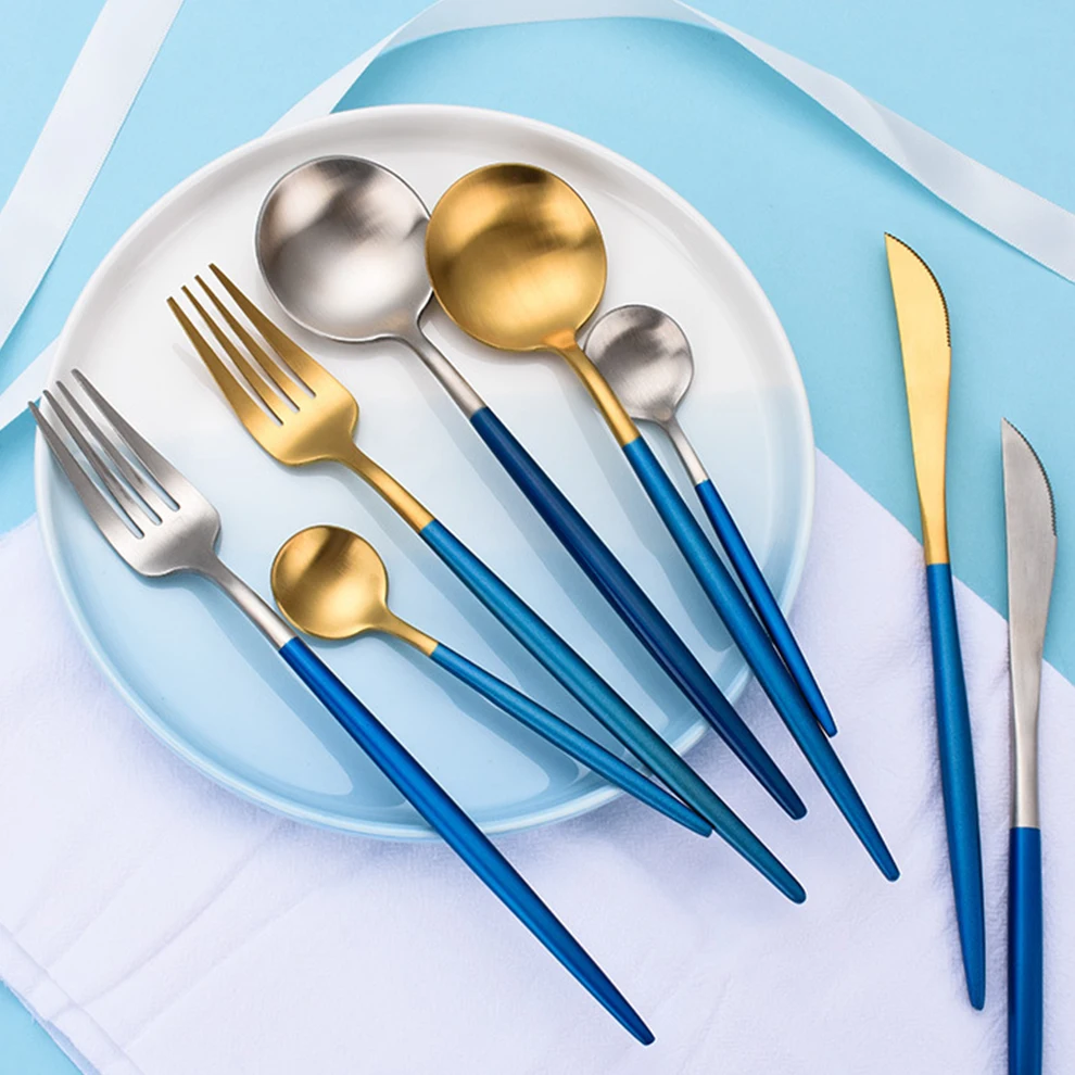 Nordic Blue Painted Round Shape Handle Stainless Steel 304 Matte Cutlery Silverware Flatware Set For Restaurant Hotel Wedding