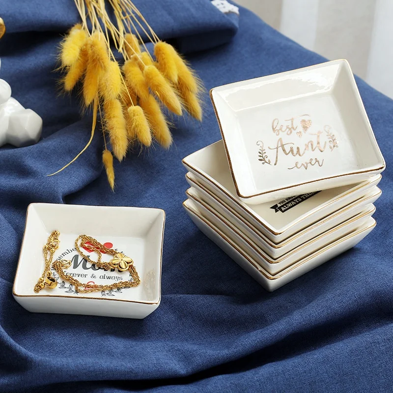 Wholesale Ceramic Ring Jewelry Trinket Dish Tray With Custom Mold Pattern Logo Print White Black Square Shape