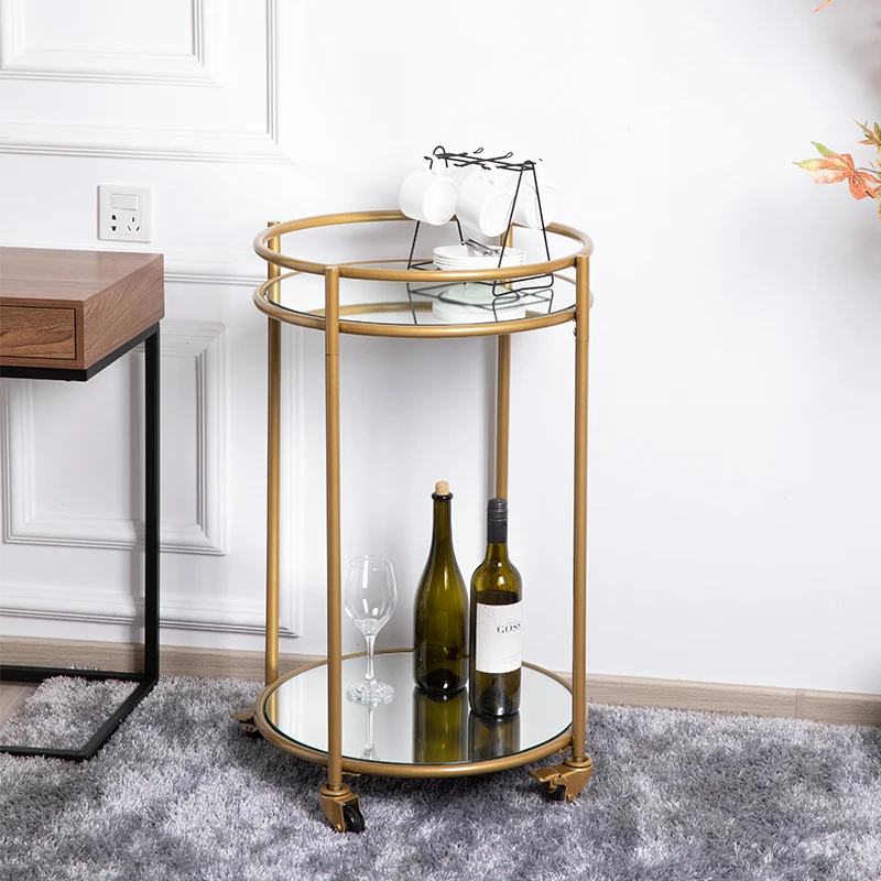 Hot Sale Luxury Gold Mobile Bar Cart Metal Round 2 Tier Glass Bar Trolley  Cart