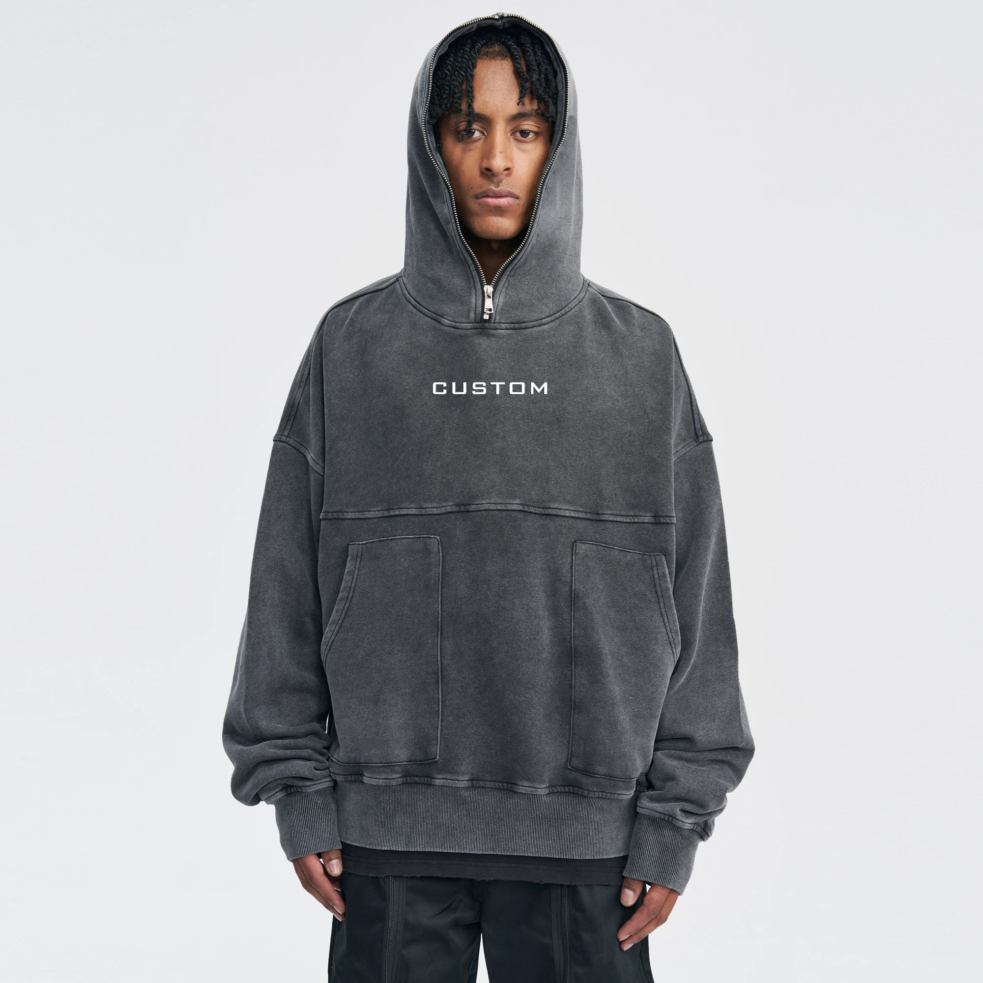 custom logo print graphic Heavy cotton hooded sweatshirt oversized acid washed Full  Zip Up ninja hoodies jumper sweater for men