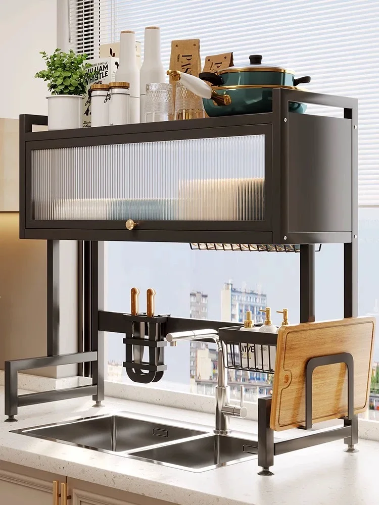 Kitchen large capacity single double trough storage rack sink storage multi purpose drain rack for dishes and tableware