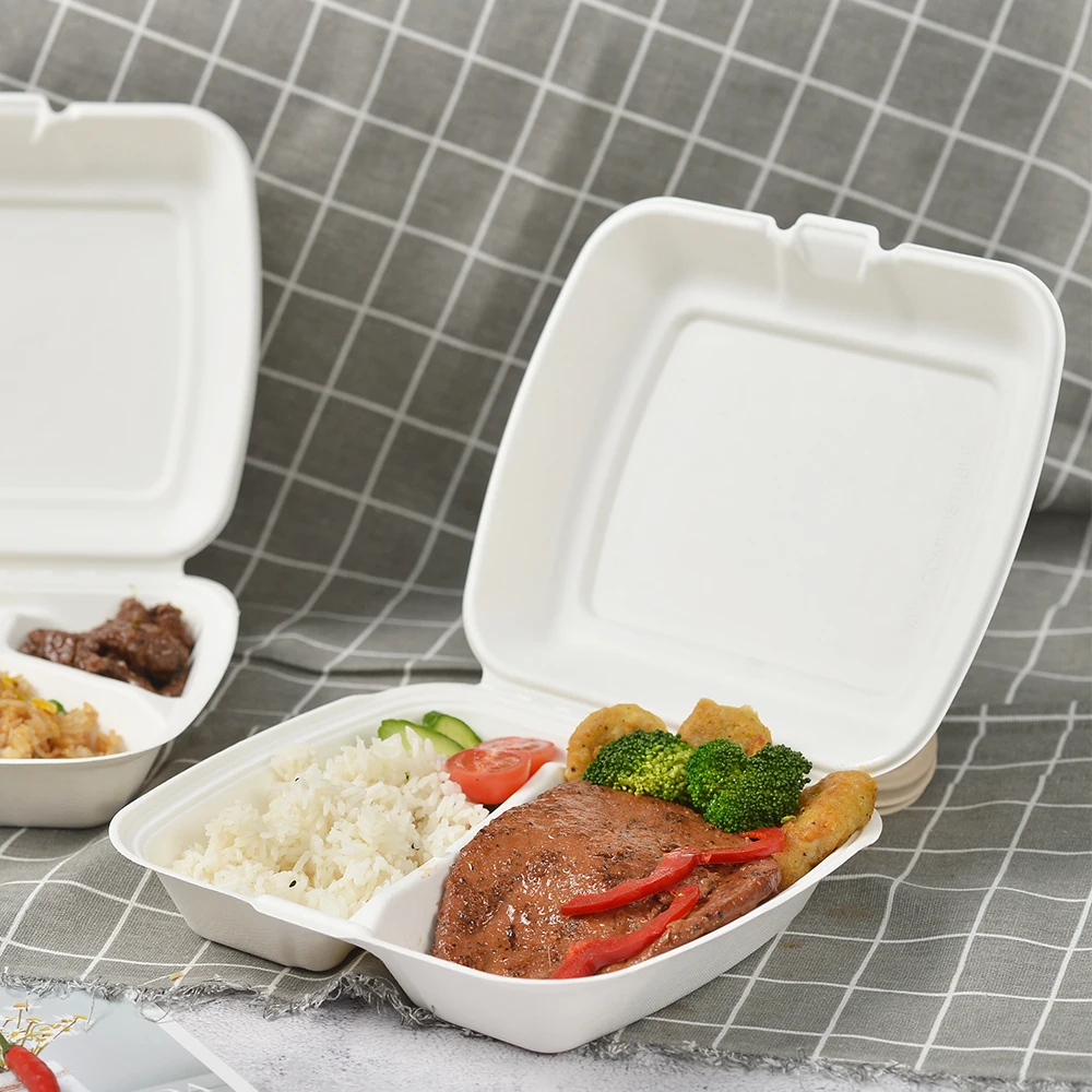 Eco Friendly Compostable Disposable bagasse take away food Container Clamshell Box