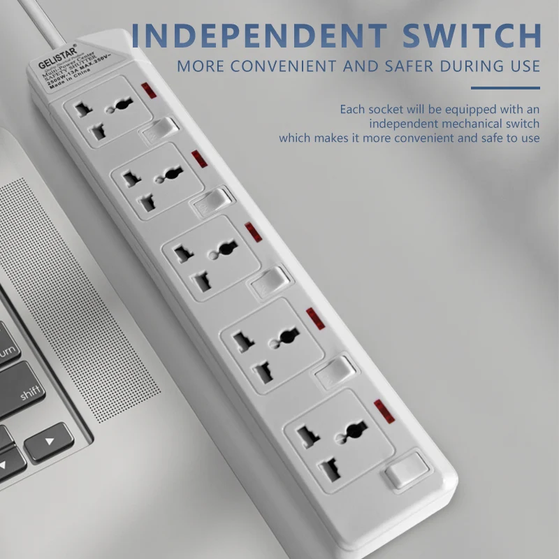 Universal socket white 5 outlet smart power strip 2m cable desktop individual switch extension board extension socket
