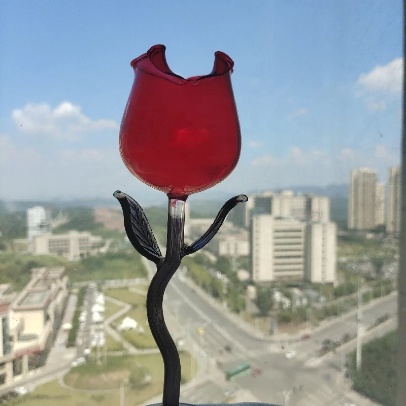 Elegant Creative red color Flower Shaped Glass Unique Rose Red Wine Glasses Goblet with gray stem and leaf  For Couples Lovers