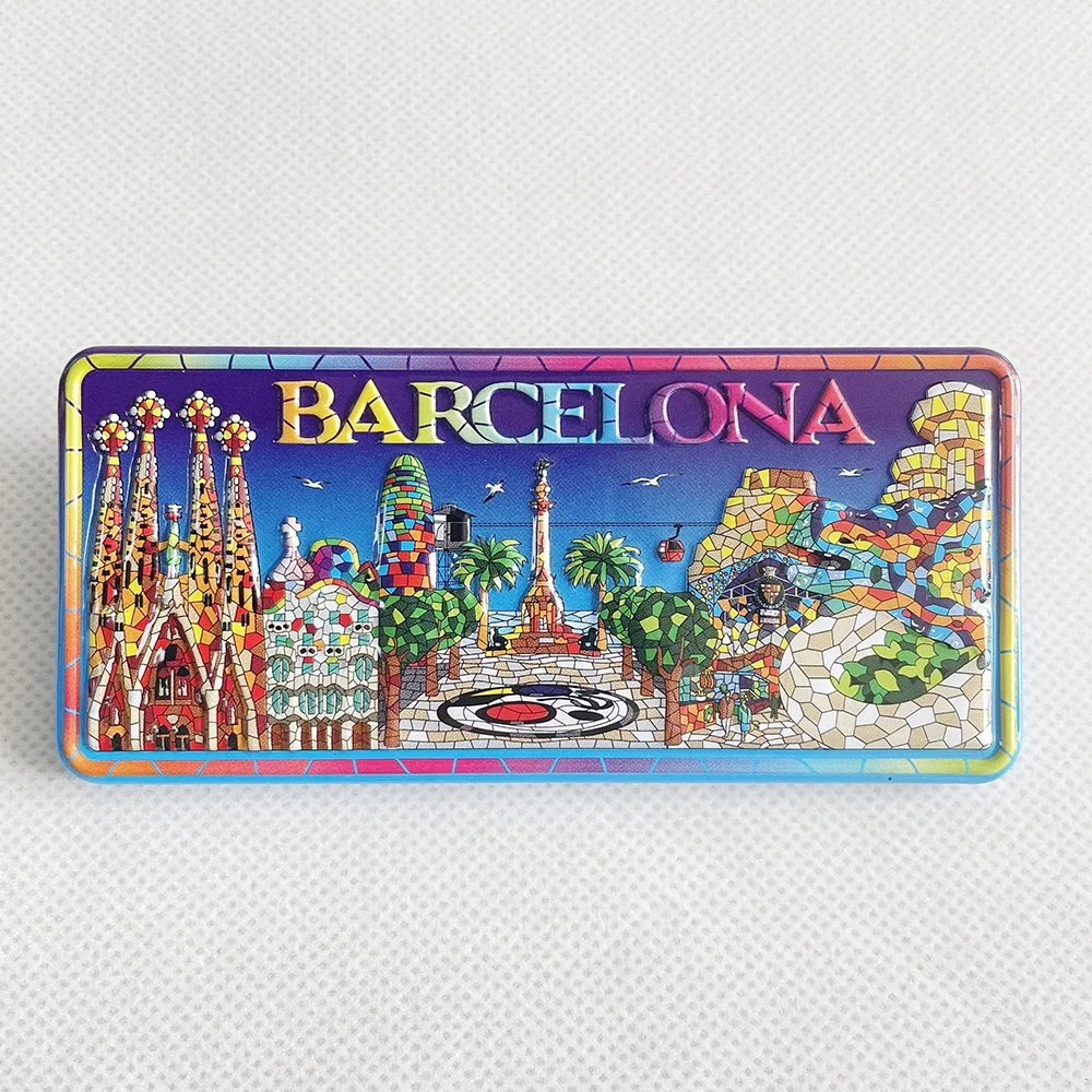 Barcelona Tourist Souvenirs 50x110mm Custom Metal Magnet with Embossed Printed Design Tinplate Material Fridge Travel Theme