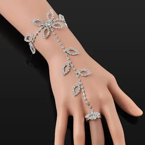 Bohemian Rhinestone Leaf Hand Harness Bracelet Crystal Anklets With Toe Ring Beach Wedding Rhinestone Barefoot Sandals For Women