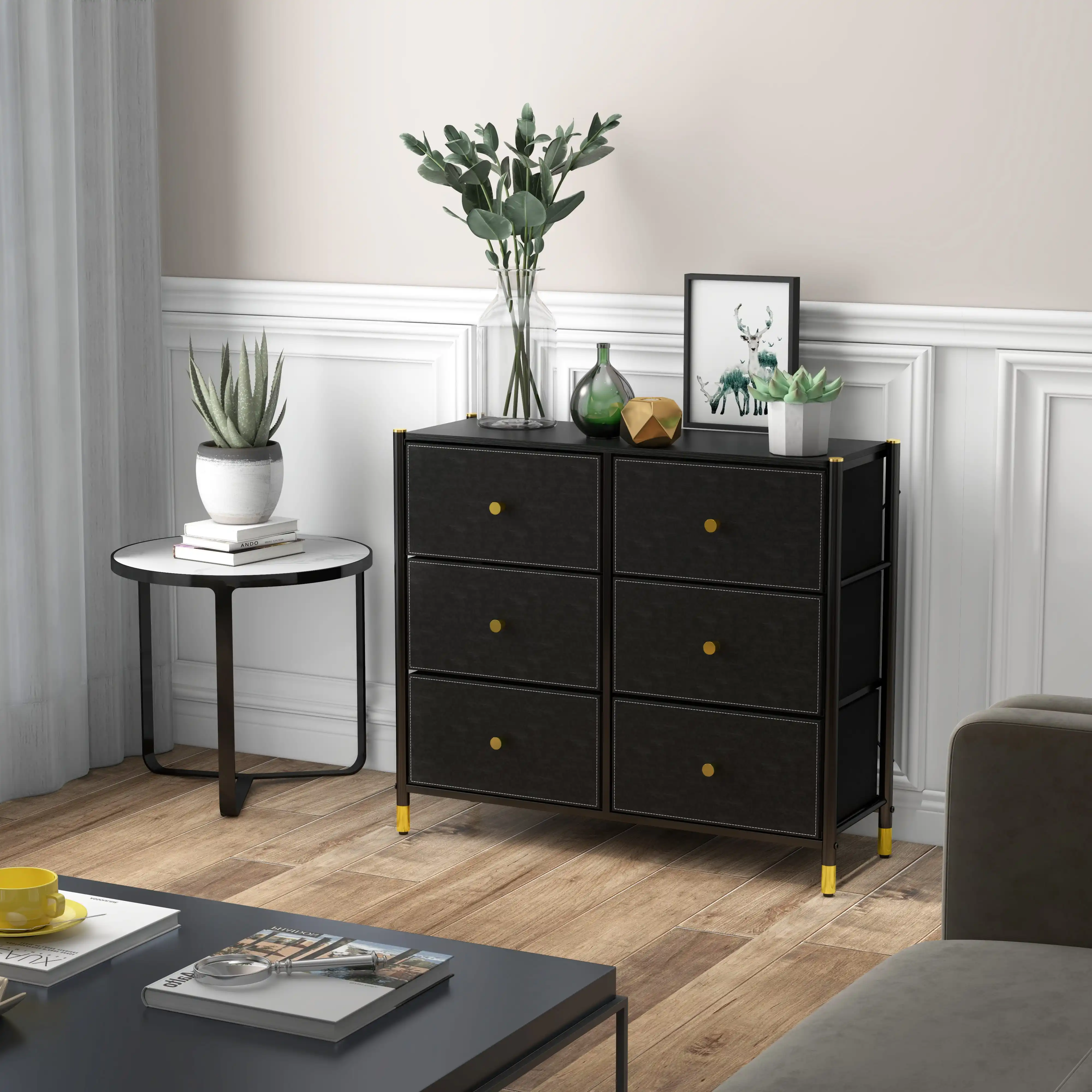 China Direct Factory Black Chest Of Drawers Sturdy Steel Frame Living Room Metal Fabric Storage Cabinet
