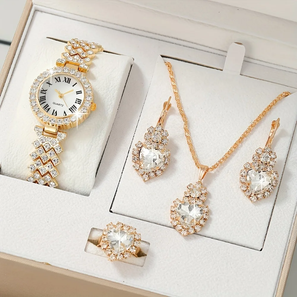 NW1415   Rhinestone Women  Stainless Quartz Watch Elegant Round Pointer Analog  Wristwatch & 4pcs Jewelry Set  Bracelet