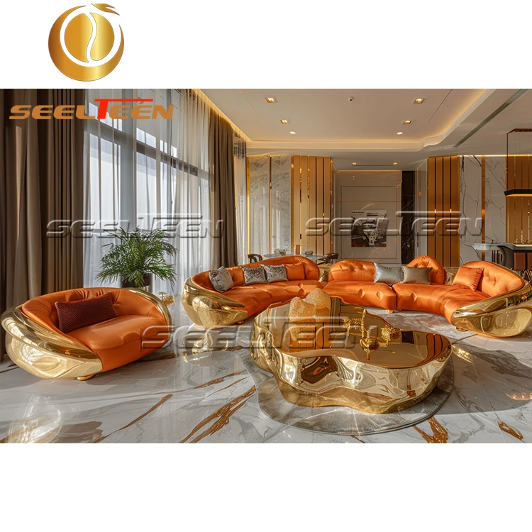 Различные кожаные оранжевые в европейском стиле деревянные Клубные кресла Королевский диван набор роскошь