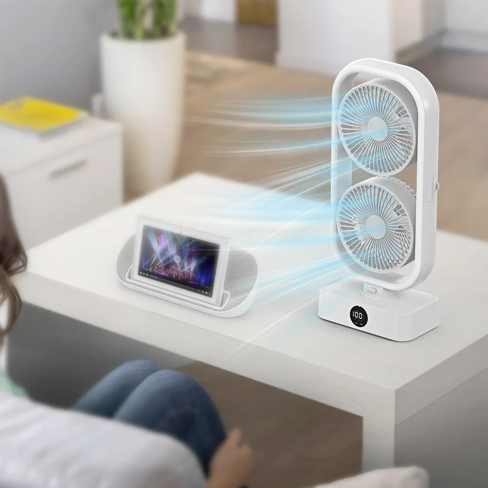 New Design Rechargeable Table Desk Fan 10000mAh Battery Standing USB Charger Electric Oscillating Double Head Mini Tower Fan