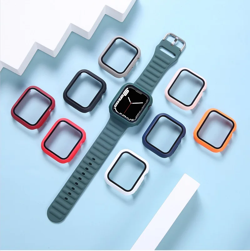 Fashion Liquid Silicone  Watch Strap Replacement Protective  glass Cover Case Watch Strap Set For Iwatch 38/40/41mm