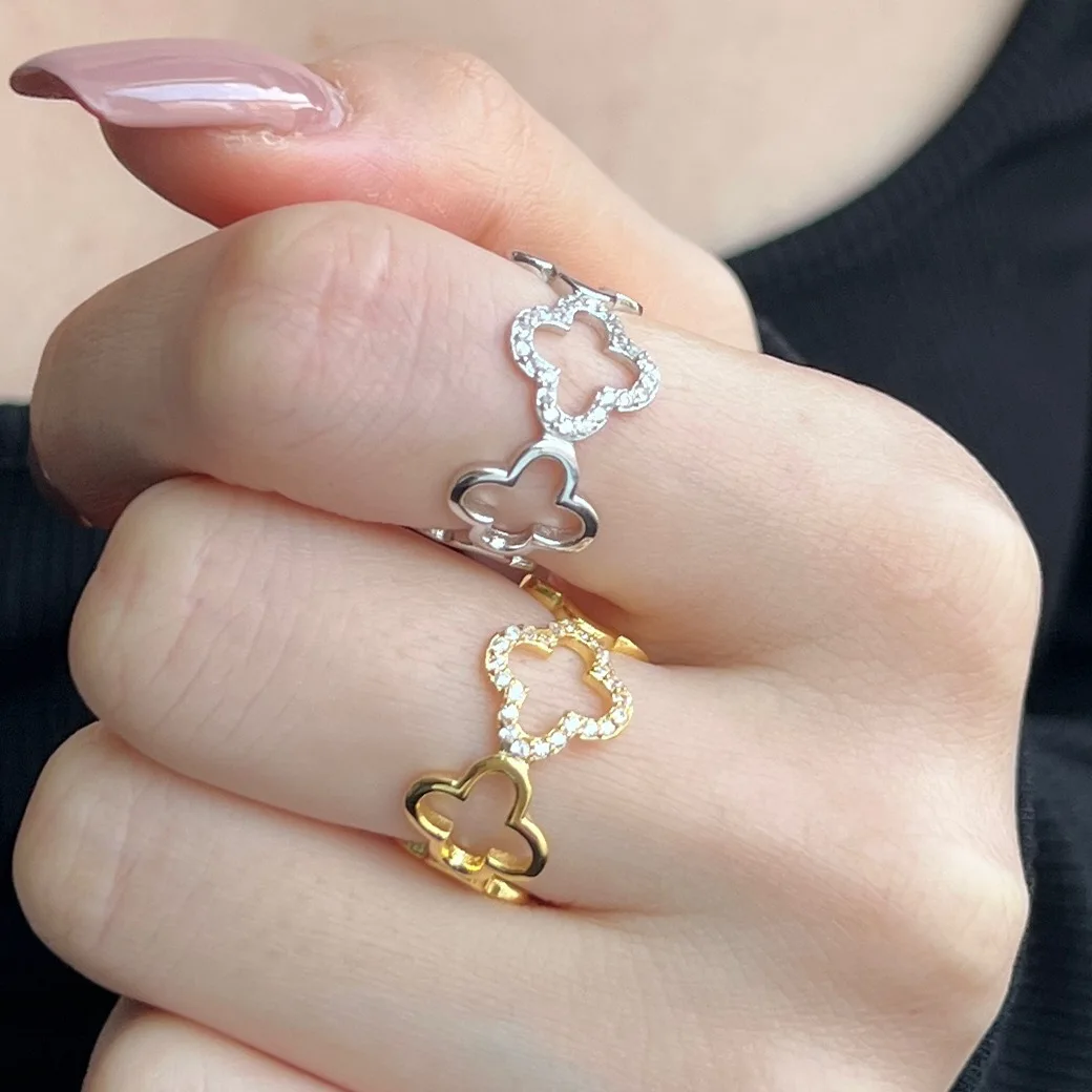 Simple and Elegant Open Hollow Flower Ring 925 Sterling Silver Gold Plated Four Leaf Clover for Women
