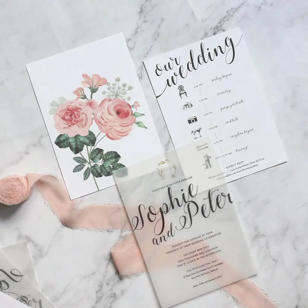 Creative Ink Printing Vellum Paper Invitation Rustical with Wedding Ceremony Party Program Card