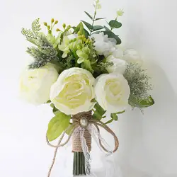 Partycool European Style Peony Bridal Shower Bouquet Silk Flowers Handmade Artificial Wedding Bridesmaid Hand Flower Bouquets