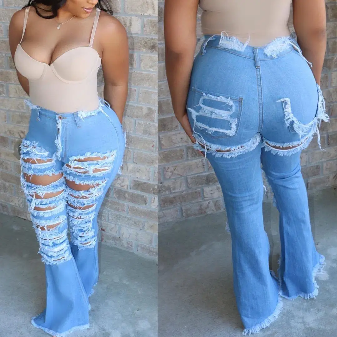 
Ripped bell bottoms horn flared jeans custom distressed denim ladies jeans fabric destroyed flare ripped jeans women 