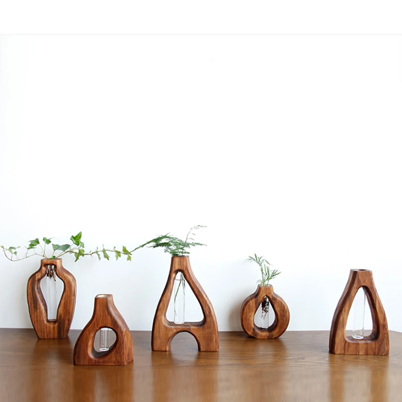 Shengqu handmade wooden decorative flower glass test tube vase for home decor
