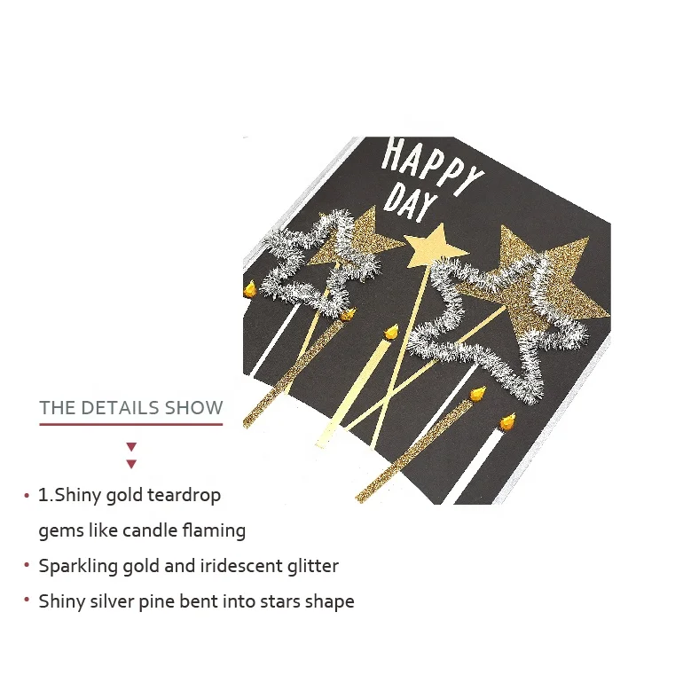 Hotsales Birthday Candle Birthday Cards, Handmade Gold Foil Greeting Cards with Gold Glitter Pines