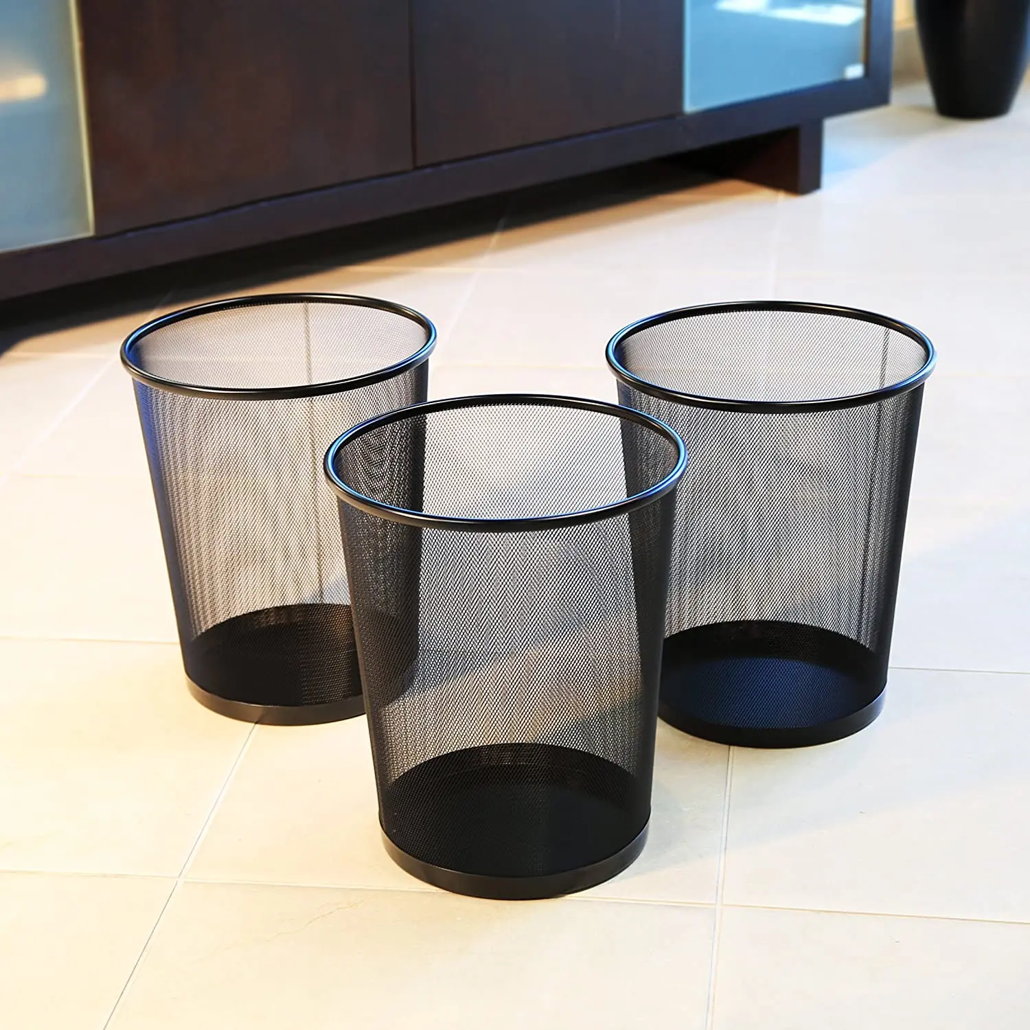 3-Pack Round Black Metal Wire Mesh Kitchen Bathroom Garbage Trash Bin Office
