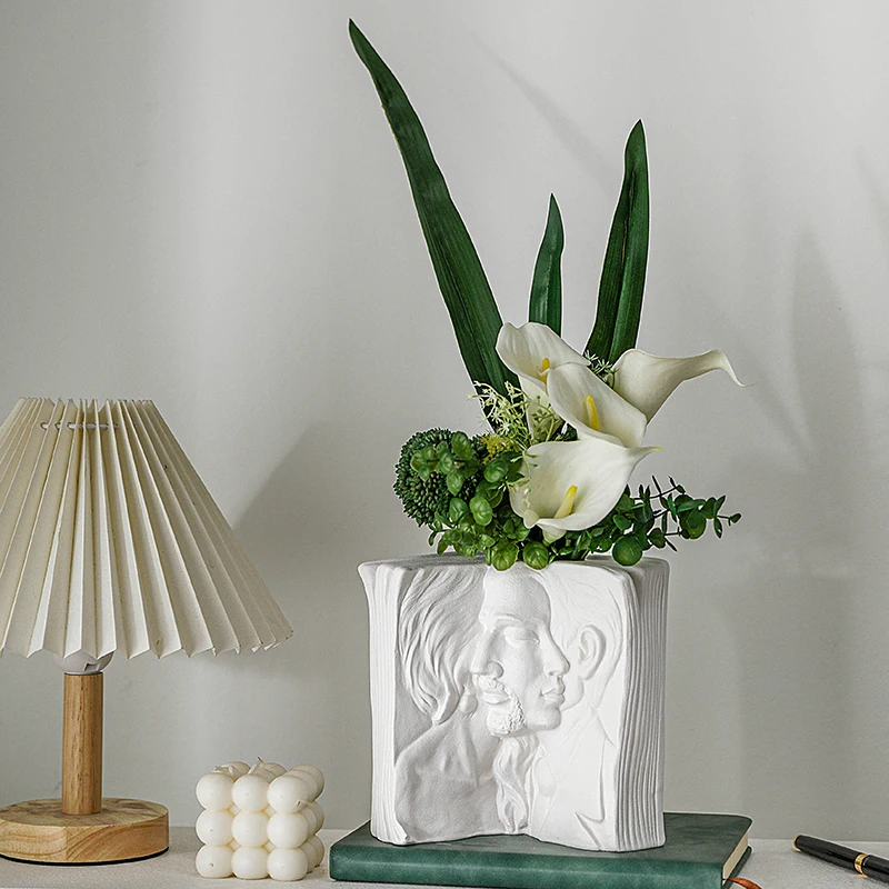Nordic Decorative White Vases Modern Ceramic & Porcelain Vases for Home Abstract Human Face Book Shape Ceramic Flower Vase