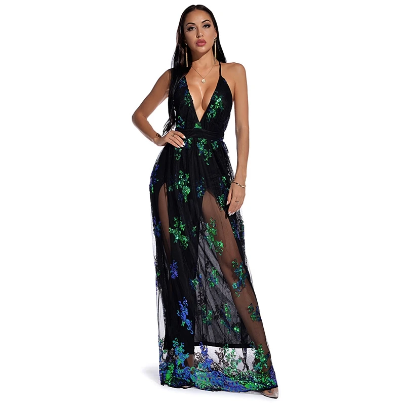Wholesale Casual Stylish Sexy Sheer Boho Teal Sequin Fashion Ladies Printing Women Long Summer Beach Maxi Dress Sundress