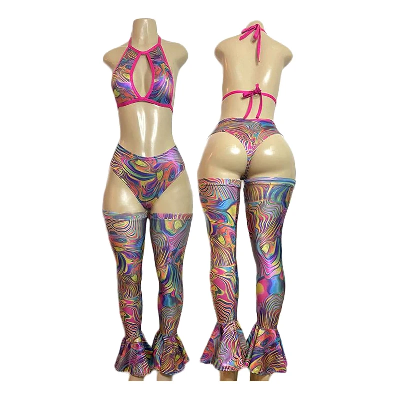 Maxsun Popular Three Pieces Watercolor Ink Printing Stripper Exotic Dance Wear Sexy Outfits Dancewears