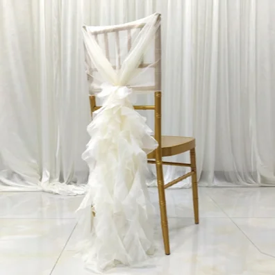 Wholesale Wedding Chair Sash Curly Willow Light Yellow White Chiffon Chair Sashes Large for Chair