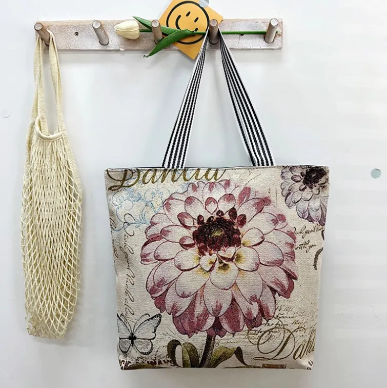 New gold silk cloth bag fashion retro leisure sunflower print canvas shoulder bag creative pattern ladies Tote bag