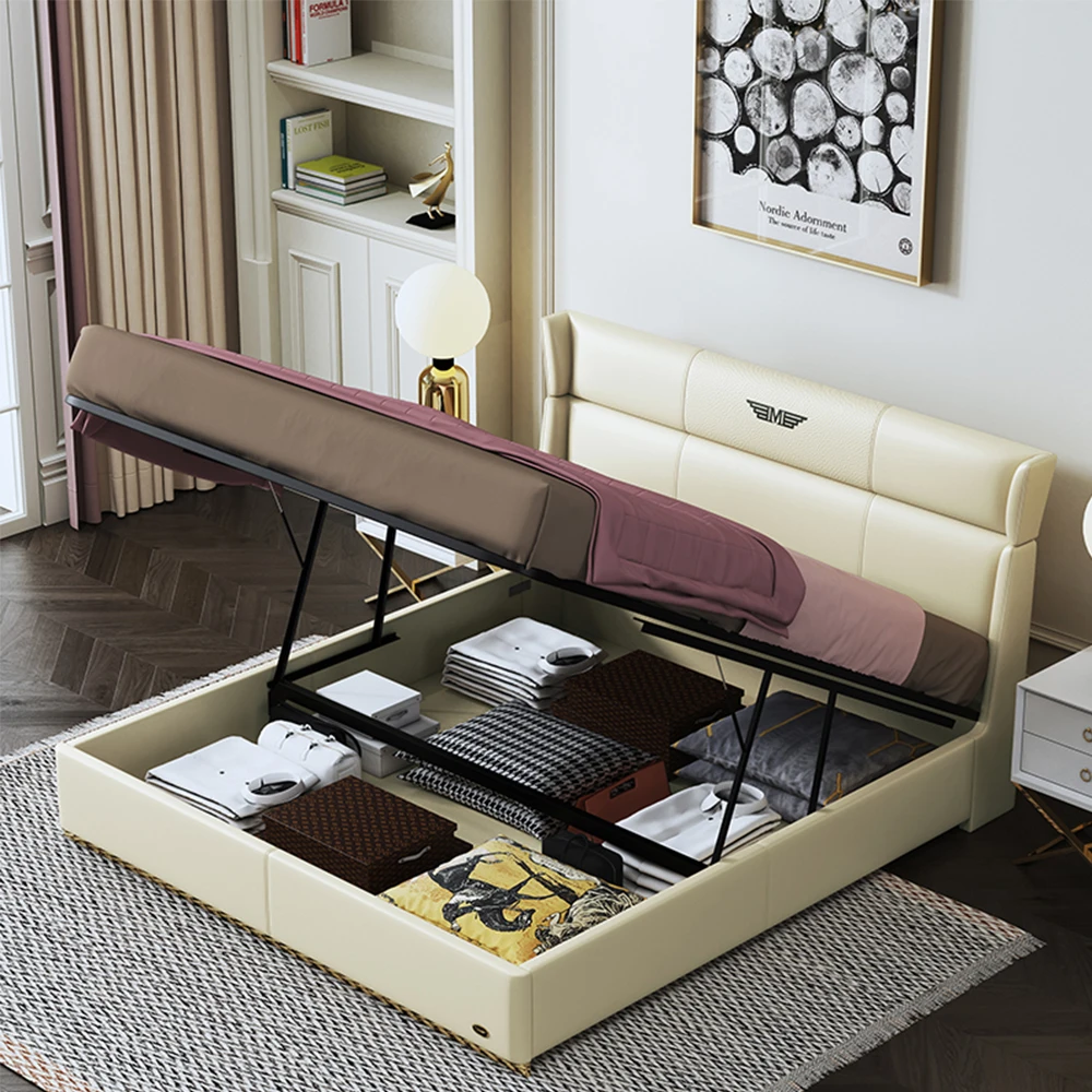 New Designer Bed Simple Luxury Leather Single Queen King Size Bed Frame Metal Storage Beds Modern Comfort Bedroom Sets Furniture