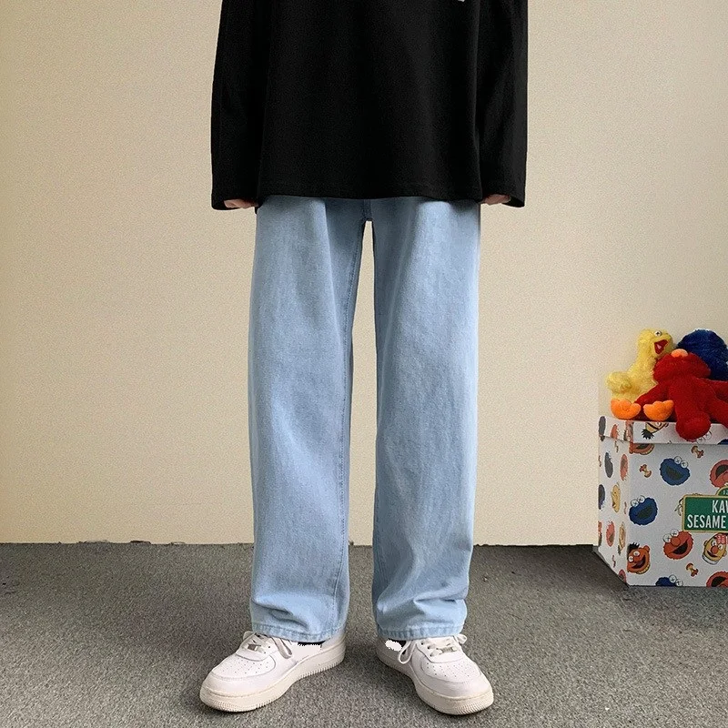 2023 Spring New Streetwear Baggy Jeans Men Korean Fashion Loose Straight Wide Leg Pants Male Brand Clothing Black Light Blue