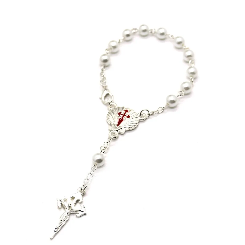 Glass Pearl Beads Shell Cross Rose Rosary Bracelet Religious Catholicism Gift Prayer Car Rosaries