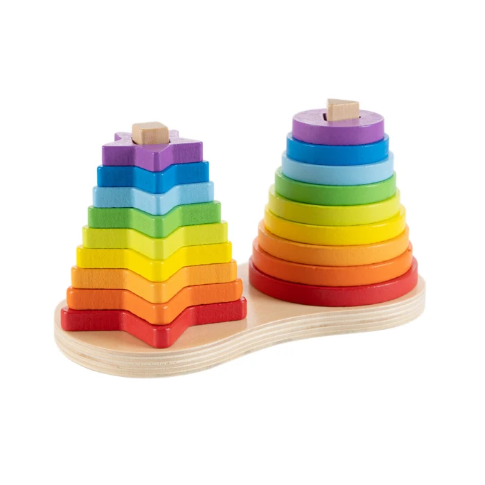 Wholesale baby educational tower toys classic geometric blocks wooden rainbow stacking rings game toy for kids
