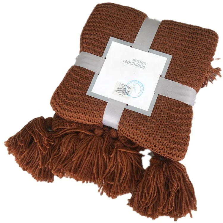 Acrylic Plain Knitted Blanket Travel Picnic All Season Cellular Knitted Blanket Custom With Tassle For Bedding