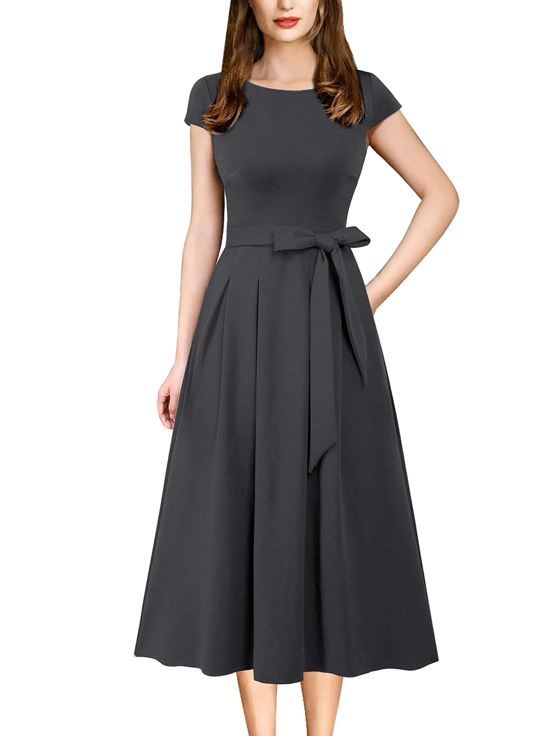 Cyalaa YM234 Womens Work Office Career  Wear Business Dress Elegant Patchwork Pockets Print Work Casual A-Line Midi Dress