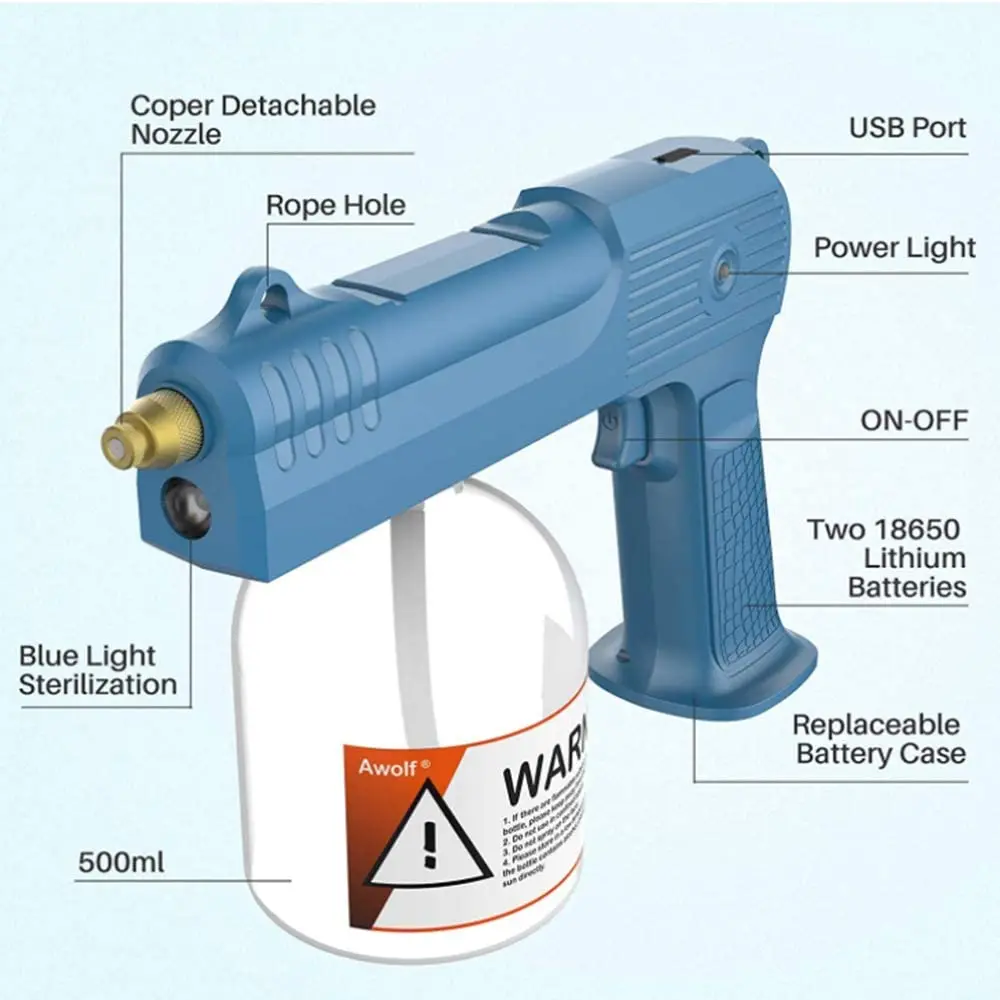 
Wireless Portable Blue Ray Light Nano Spray Steam Atomizer Gun Home Sterilized Atomizing Disinfectant Machine With Battery 