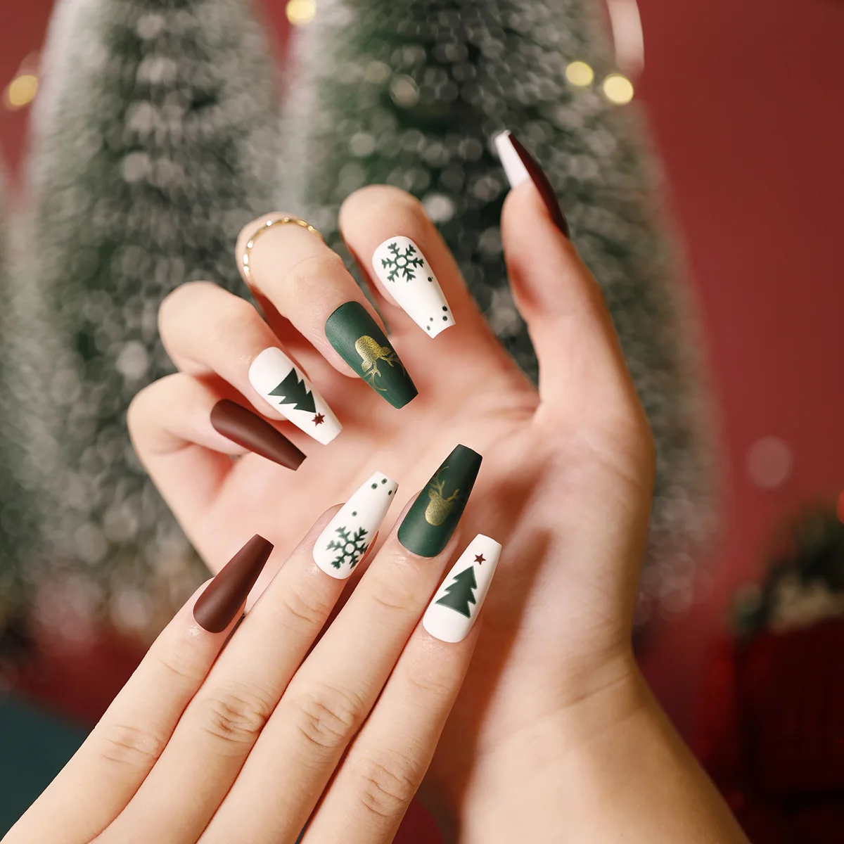 Long Coffin Christmas Fake Nails Tips Wholesale Snowflake Cute Cartoon Acrylic Nails Designs High Quality Press On Nails