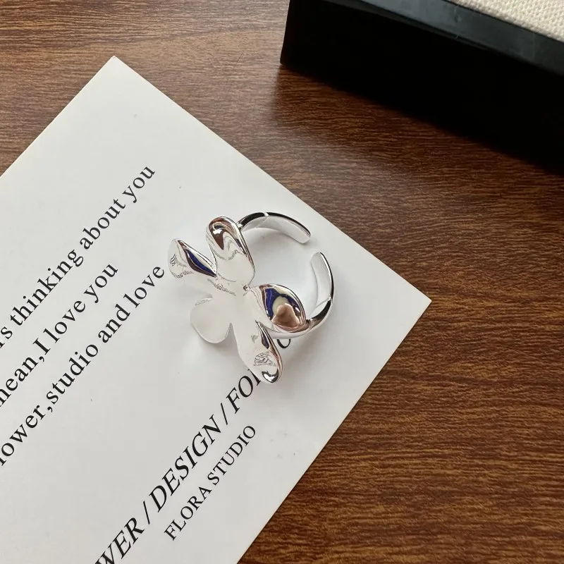 Exaggerated Smooth Big Flower Adjustable Finger Rings 925 Sterling Silver Women Popular Chunky Jewelry