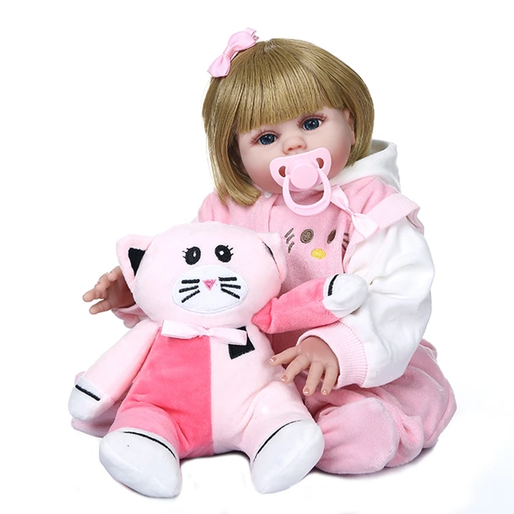 48CM full body soft silicone bebe doll reborn baby girl in pink Kitten dress set lifelike flexible baby doll