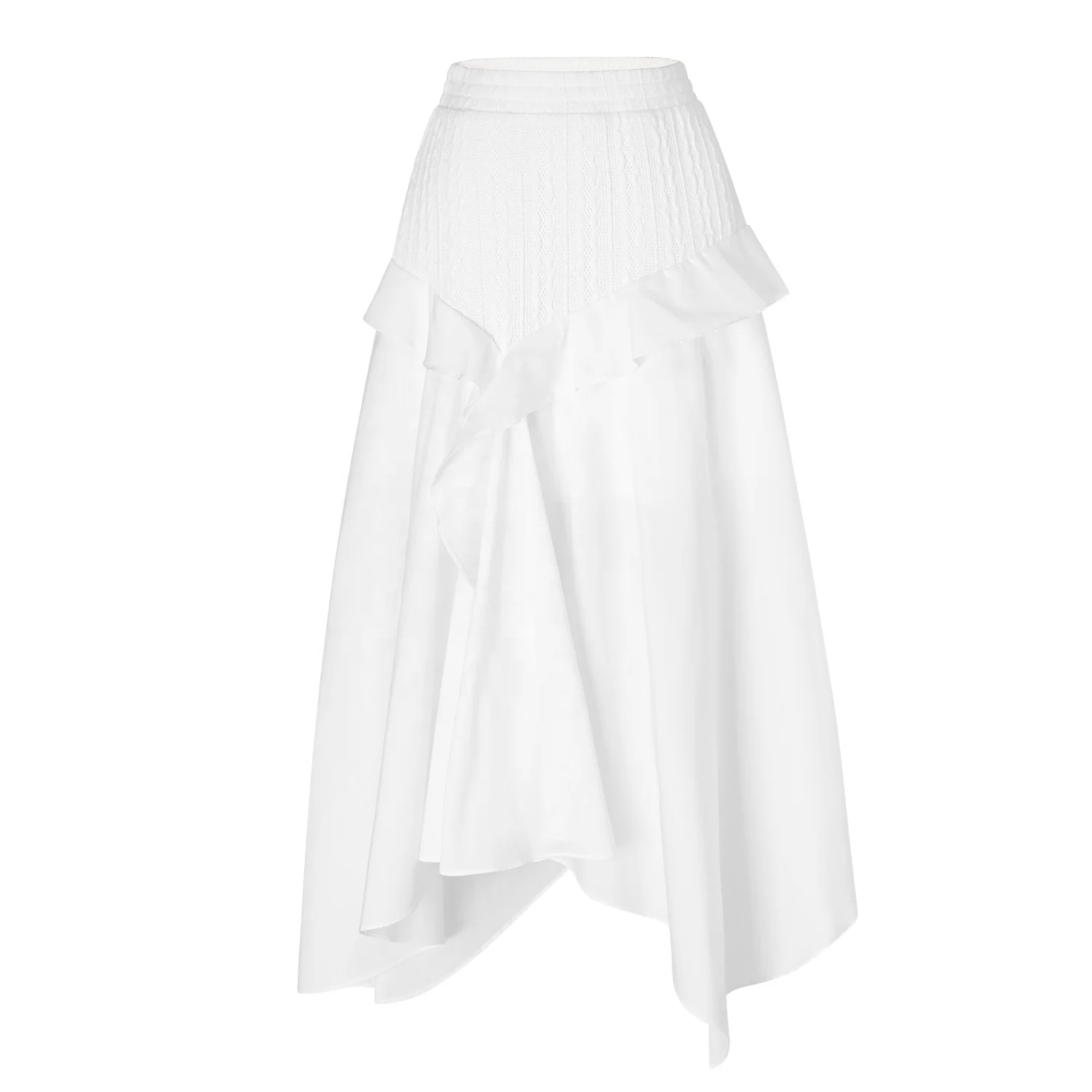 Custom White Office Elegant Ladies Latest Design Vintage Ruffle Hem Asymmetric Cable Knit Wool Cotton Poplin Midi Skirt Women