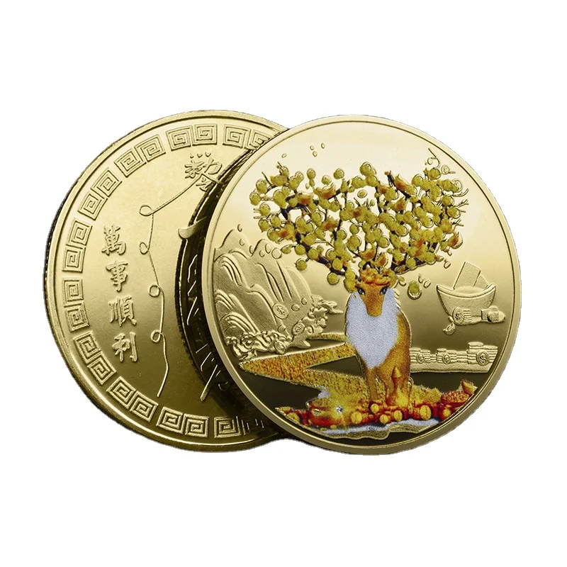 Оптовая продажа памятных монет счастливого оленя цветные рельефные памятные медали золотые и серебряные монеты рекламные подарки